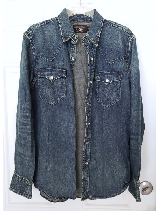Other - RRL Ralph Lauren Western Denim Snap Bottom Shirt Distressed Indigo men Size M